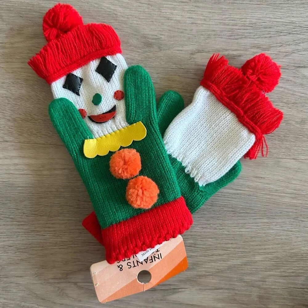 Vintage Early 1980s Multicolored Knit Clown Mittens NEW Old Stock with Kmart Tag